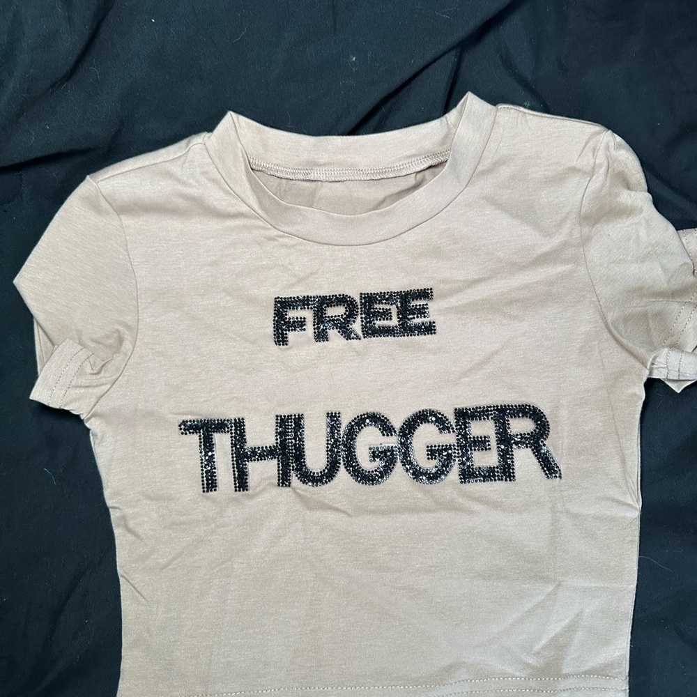 Tan Crop Top with Bold Black Text